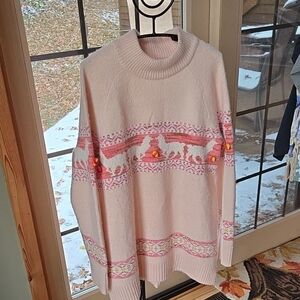 Anthropologie Pink Llama Fair Isle Pom Pom Mock Neck‎ Raglan Sweater Womens L